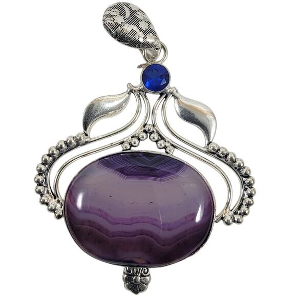 Handmade Silver Pendant with Banded Purple Agate and Sapphire Accent - Picture 1 of 10